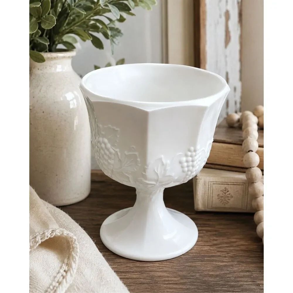 Indiana Glass Colony Harvest Grape Milk Glass Pedestal Footed Planter Compote